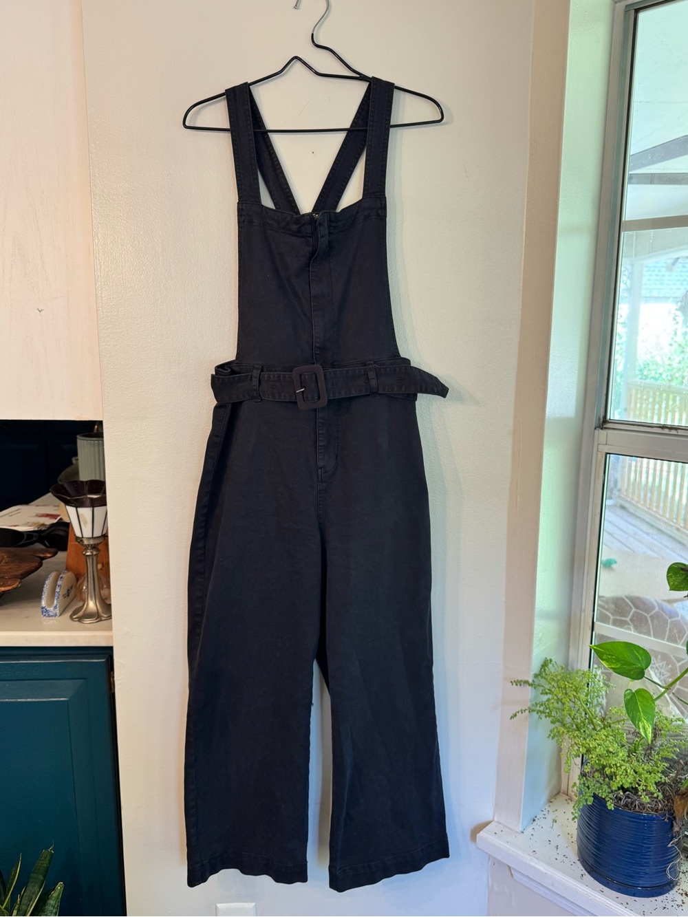 Free People Black Wide-Leg Denim Overalls with Belt